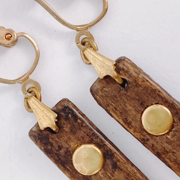 VTG 60s Wood Gold Tone Clip On Dangle Earrings Mid Century Modernist Minimalist - Picture 5 of 9